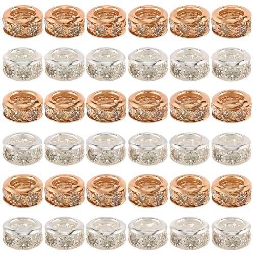 PONABEADIY 1 Box 50 Stück Messing Strass Abstandshalterperlen Mit Löchern Rondelle Gold Silberfarben Funkelnde Runde Charms Europäische Lose Perlen Großpackung Für Die Schmuckherstellung Ketten Halske von PONABEADIY