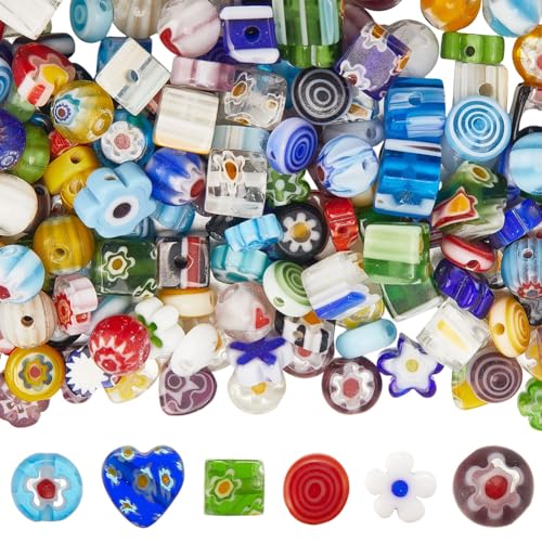 PONABEADIY 1 Box 6 Stile 180 Stück Gemischte Farben Millefiori Lampwork Glasperlen Mit Löchern Verschiedene BLUMEsn Herzen Flache Runde Form Würfel Lose Charms Perlen Für Die Schmuckherstellung Armbän von PONABEADIY