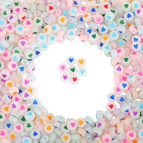 PONABEADIY 1 Box 600 Stück Leuchtende Herzperlen Mit Löchern Acryl Flach Rund Im Dunkeln Leuchtend Kunststoff Bunt Liebesform Valentinstag Lose Perlen Großpackung Für Schmuckherstellung Armbänder Hals von PONABEADIY