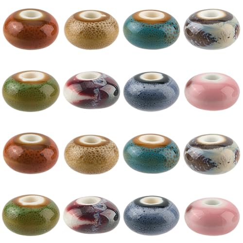 PONABEADIY 1 Box 64 Stück Keramikperlen Mit Großem Loch Porzellan Handgefertigt Rondelle Europäischer Stil Flach Rund Bunt Lose Abstandsperlen Großpackung Für Schmuckherstellung Halsketten Armbänder D von PONABEADIY
