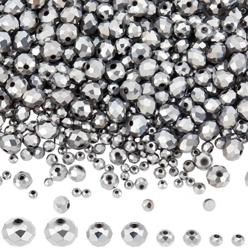 PONABEADIY 1 Box 730 Stück 4 Stile Platinierte Facettierte Glasperlen Mit Loch Silberne Rondelle Briolette Lose Abstandsperlen Großpackung Für Die Schmuckherstellung Ohrringe Armbänder Halsketten Deko von PONABEADIY