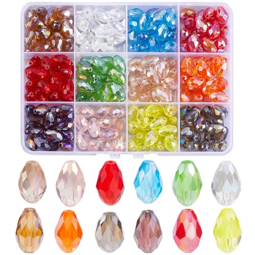 PONABEADIY 1 Box 8mm 240 Stück Facettierte Glasperlen In Tropfenform Mit Loch Regenbogen Tropfenform Transparent Lose Abstandshalter Charms Perlen In Großpackung Für Schmuckherstellung Ohrringe Armbä von PONABEADIY