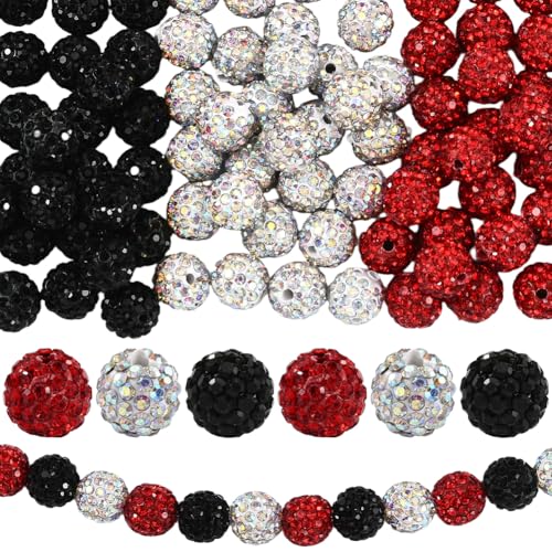 PONABEADIY 1 Box 90 Stück 10mm Rot Schwarz Silberfarbene Strass Perlen Rund Mit Löchern Discokugel Diamant Kristall Funkelnder Ton Pflasterstein Abstandshalter Glänzende Lose Perlen Großpackung Für S von PONABEADIY