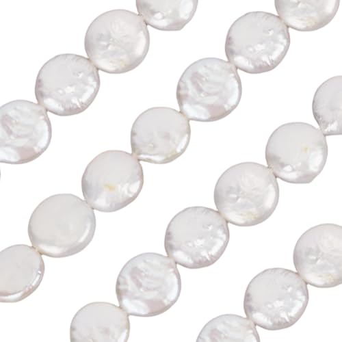 PONABEADIY 1 Strang Weiße Barocke Perlen In Münzform Mit Löchern Flach Rund Unregelmäßig Süßwasser Natürliche Zuchtperlen Keshi Perlenstrang Zur Schmuckherstellung Armband Halskette DIY Bastelbedarf von PONABEADIY