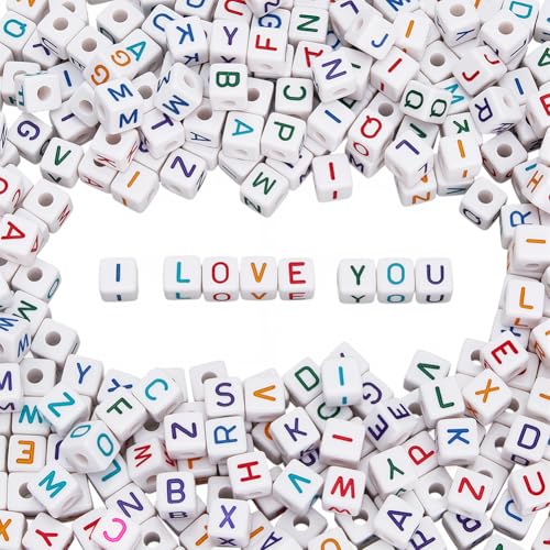 PONABEADIY 10mm 400 Stück Bunte Buchstabenperlen Mit Löchern Acrylwürfel Sortiertes Alphabet Bunt Undurchsichtig Quadratisch Lose Abstandsperlen Großpackung Für Schmuckherstellung Armbänder Halskette von PONABEADIY