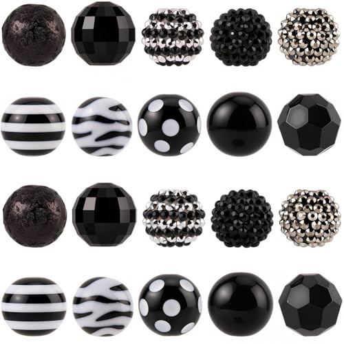 PONABEADIY 20 Stück 10 Stile Schwarz Verschiedene Acrylharzperlen Strass Facettiert Rund Zebramuster Gemischte Kugeln Abstandshalter Charms Lose Perlen Großpackung Für Schmuckherstellung Armbänder Hal von PONABEADIY