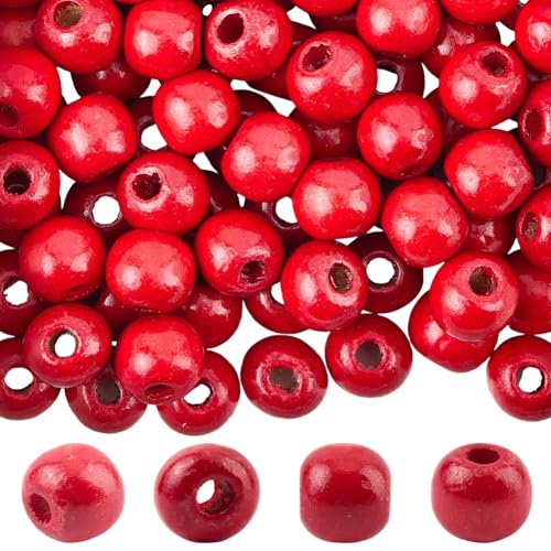 PONABEADIY 300 Stück 12mm Rote Makramee Perlen Aus Holz Mit 3.7mm Löchern Weihnachtsbaum Aus Holz Im Vintage Stil Runde Quaste Lose Abstandsperlen Großpackung Für Schmuckherstellung Girlanden Heimdeko von PONABEADIY