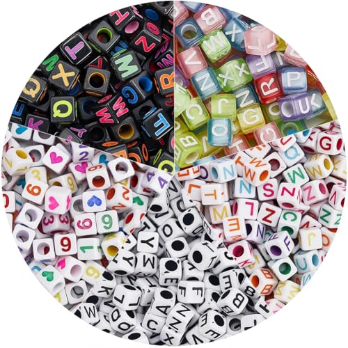 PONABEADIY 6 Stil 2000 Stück Würfel Acryl Alphabetperlen Mit Löchern Buchstaben Herzen Zahlen Quadratisch Bunt Transparent Undurchsichtig Lose Abstandsperlen Großpackung Für Schmuckherstellung Armbänd von PONABEADIY