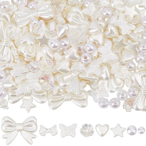 PONABEADIY 7 Stil 590 Stück Kunstperlen Mit Löchern ABS Kunststoff Weiß Künstlich Rund Stern Herz Schmetterling Schleife Lose Perlenkappen Lose Menge Für Die Schmuckherstellung Armbänder Halsketten Ba von PONABEADIY