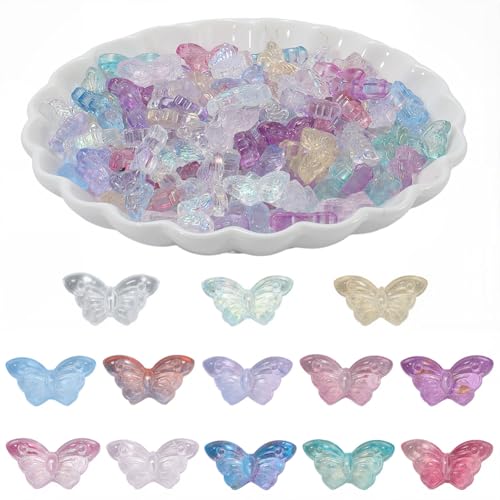 PONABEADIY 8mm 200 Stück Transparente Schmetterlingsperlen Mit Löchern Glas Bunt Sprühlackiert Klar Fliegender Insektenanhänger Lose Abstandsperlen Großpackung Für Schmuckherstellung Armbänder Halske von PONABEADIY