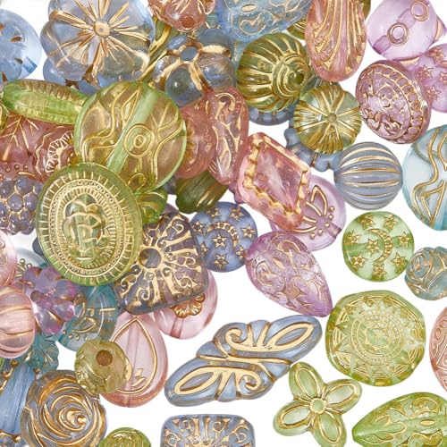 PONABEADIY 94 Stück Verschiedene Böhmische Acrylperlen Mit Löchern Metallumschlungen Transparent Bunt Vintage Ästhetische Florid Rund Oval Tschechische Perle Für Die Schmuckherstellung Armbänder Halsk von PONABEADIY