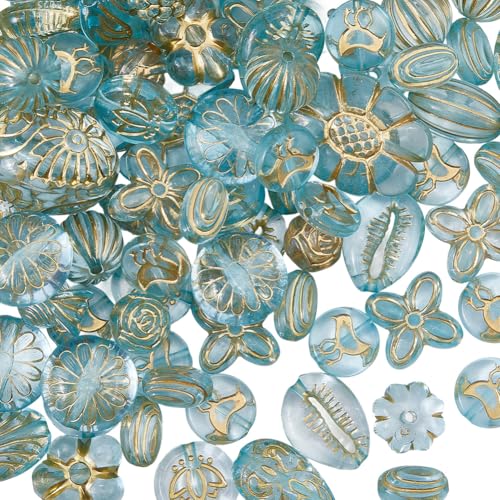PONABEADIY 94 Stück Verschiedene Böhmische Acrylperlen Tiefhimmelblau Metallumschlungen Transparent Ästhetisch Floridnkreuz Tropfenform Rund Oval Tschechische Perle Für Die Schmuckherstellung Armbände von PONABEADIY