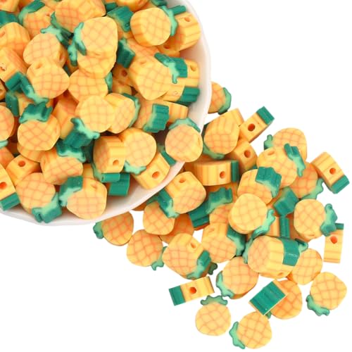 PONABEADIY 9mm 350 Stück Ananas Fruchtperlen Mit Löchern Polymer Ton Sommergelbgold Handgefertigt Tropische Ananasscheibe Lose Ananasperlen Masse Zur Schmuckherstellung Halsketten Armbänder DIY Baste von PONABEADIY