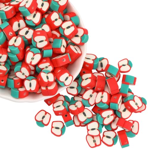 PONABEADIY 9mm 350 Stück Rote Apfelperlen Mit Löchern Obstmotiv Polymer Ton Rot Handgefertigt Sommerscheiben Charms Lose Abstandsperlen Großpackung Für Schmuckherstellung Armbänder Halsketten Ohrring von PONABEADIY