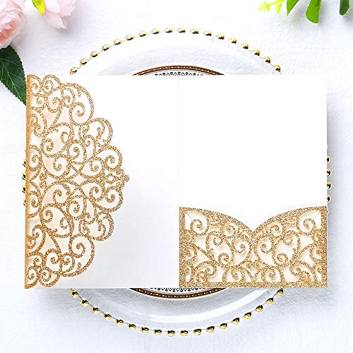 PONATIA 13 x 18 cm, 20 Stück, dreifach gefaltet, lasergeschnitten, Hochzeitseinladungen mit Umschlägen für Hochzeit, Brautparty, Verlobung, Geburtstag, Einladung (Gold Glitzer, Stück ohne Innenblatt) von PONATIA