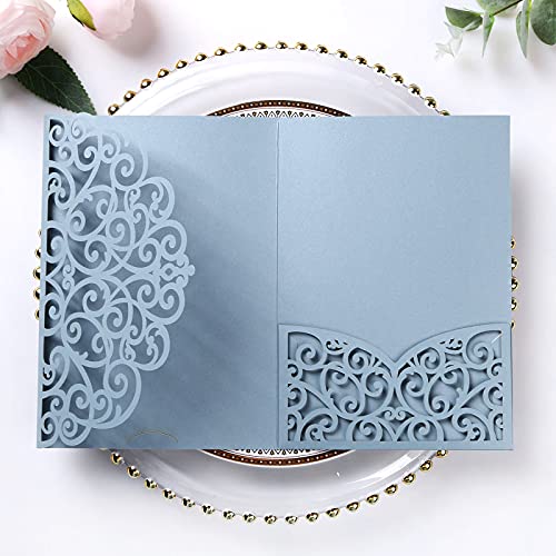 PONATIA 13 x 18 cm staubblaue lasergeschnittene Einladungstaschen, 20 Stück dreifach gefaltete 12,7 x 17,8 cm lasergeschnittene Hochzeitseinladungstaschen mit Umschlägen für Hochzeit, Geburtstag, PONATIA 13 x 18 cm staubblaue lasergeschnittene Einladungstaschen, 20 Stück dreifach gefaltete 12,7 x 17,8 cm lasergeschnittene Hochzeitseinladungstaschen mit Umschlägen für Hochzeit, Geburtstag, von PONATIA