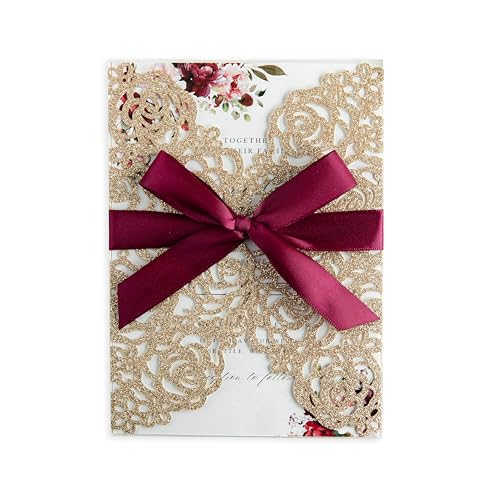 PONATIA 25 Stück hohle Rosen-Einladungskarten mit Umschlägen, bedruckbares Papier mit burgunderroten Bändern für Hochzeit, Brautparty, Verlobung, süße Einladung zum 16. Geburtstag (Gold-Glitzer) PONATIA 25 Stück hohle Rosen-Einladungskarten mit Umschlägen, bedruckbares Papier mit burgunderroten Bändern für Hochzeit, Brautparty, Verlobung, süße Einladung zum 16. Geburtstag (Gold-Glitzer) von PONATIA