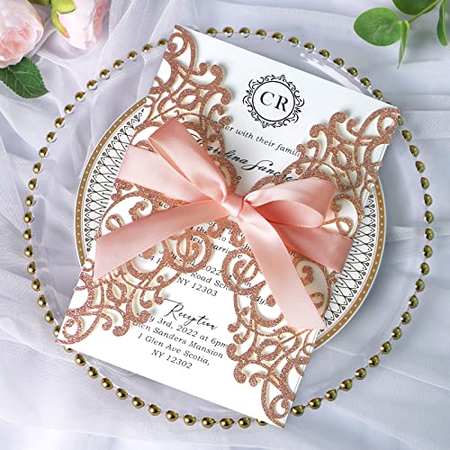 PONATIA 25 x lasergeschnittene Hochzeitseinladungskarten mit Umschlägen, Bändern für Hochzeit, Brautparty, Verlobung, Geburtstag, Einladung (Roségold, Glitzer) von PONATIA