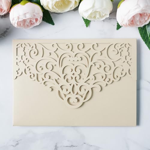 ponatia 20 Stück beige lasergeschnittene Hochzeitseinladungen, dreifach gefaltet, 12,7 x 17,8 cm, lasergeschnittene Einladungstaschen für Hochzeit, Brautparty, Quinceanera 15 Anos Einladungen (ohne ponatia 20 Stück beige lasergeschnittene Hochzeitseinladungen, dreifach gefaltet, 12,7 x 17,8 cm, lasergeschnittene Einladungstaschen für Hochzeit, Brautparty, Quinceanera 15 Anos Einladungen (ohne von PONATIA