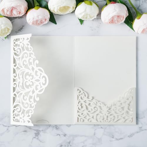 ponatia 20 x elfenbeinfarbene lasergeschnittene Hochzeitseinladungstaschen, dreifach gefaltet, 12,7 x 17,8 cm, lasergeschnitten, für Hochzeit, Brautparty, Quinceanera 15 Anos Einladungen (ohne ponatia 20 x elfenbeinfarbene lasergeschnittene Hochzeitseinladungstaschen, dreifach gefaltet, 12,7 x 17,8 cm, lasergeschnitten, für Hochzeit, Brautparty, Quinceanera 15 Anos Einladungen (ohne von PONATIA