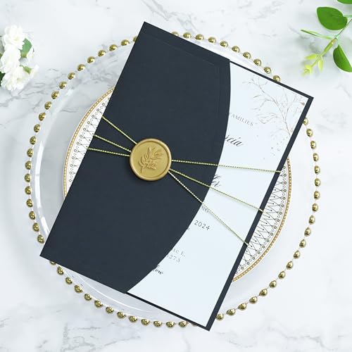 ponatia Hochzeitseinladungskarten-Set, 12,7 x 17,8 cm, mit Umschlägen, goldfarbenen Wachssiegeln, Bändern für Hochzeiten, Babypartys, Geburtstage, XV Anos, Quinceanera Einladung (schwarz), 20 Stück von PONATIA