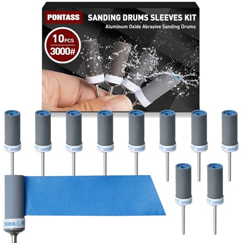 10 Stück Schleiftrommel-Set für Bohrmaschinen und Bohrmaschinen, Körnung 3000 Aluminiumoxid-Schleiftrommeln, Hülsen-Set, Schleifpapierstange für Metall, Holz, Form, Stein, Polieren, Entgraten von PONTASS