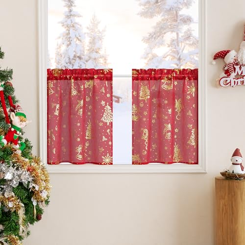PONY DANCE Fenster Gardinen Kurz Transparent Scheibengardinen Weihnachten Bistrogardine 2er Set B 60 x H 90 cm Dekoration Vorhänge Kurzgardine mit Stangedurchzug, Rot PONY DANCE Fenster Gardinen Kurz Transparent Scheibengardinen Weihnachten Bistrogardine 2er Set B 60 x H 90 cm Dekoration Vorhänge Kurzgardine mit Stangedurchzug, Rot von PONY DANCE
