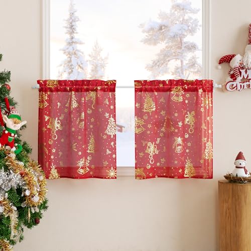 PONY DANCE Scheibengardine Weihnachten Stores Gardinen Rot Transparent Fenstergardinen 2er Set B 60 x H 45 cm Dekoration Küche Kurzgardinen für Kleine Fenster von PONY DANCE