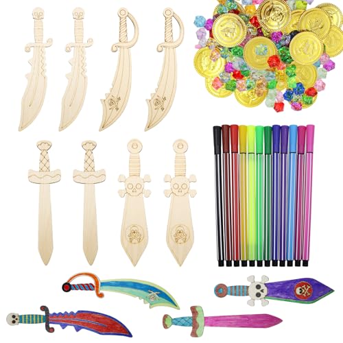 POPAPIE 12 Stück Holz Holzschwert Kinder Holzschwert Piraten Bemalenholzschwert Kinder Holzschwerter Zum Bemalen für DIY Set mit Farbige Stifte,Goldmünzen Piratenschatz,Piraten Edelsteine von POPAPIE