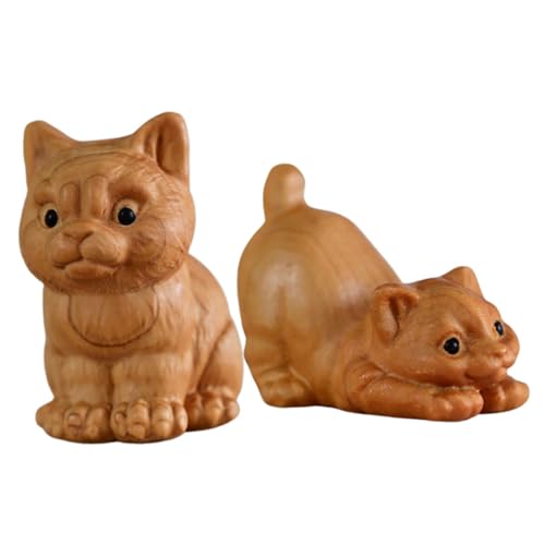 POPETPOP 2stücke Katze Statue Handgefertigte Holzfigur Für Kreative Schreibtisch Dekoration Niedliches Katzen-Ornament Hochwertigem Einzigartiges Für Katzenliebhaber von POPETPOP