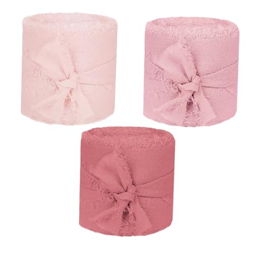 POPETPOP 3 Rollen Breites Fransen Chiffonband Rosa pro Rolle Vielseitiges Geschenkband für Hochzeitseinladungen Brautsträuße DIY Dekorationen und Geschenkverpackungen von POPETPOP