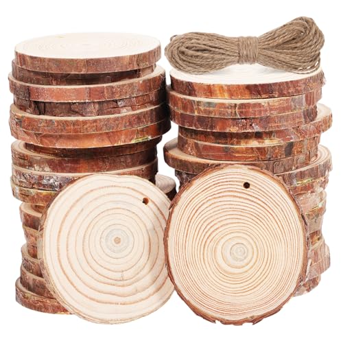 POPETPOP 50Stücke Holzscheiben Vorgebohrte DIY Holzscheiben mit Juteschnur für Bastelprojekte und Hochzeitsdekorationen Holzornamente zum Basteln POPETPOP 50Stücke Holzscheiben Vorgebohrte DIY Holzscheiben mit Juteschnur für Bastelprojekte und Hochzeitsdekorationen Holzornamente zum Basteln von POPETPOP