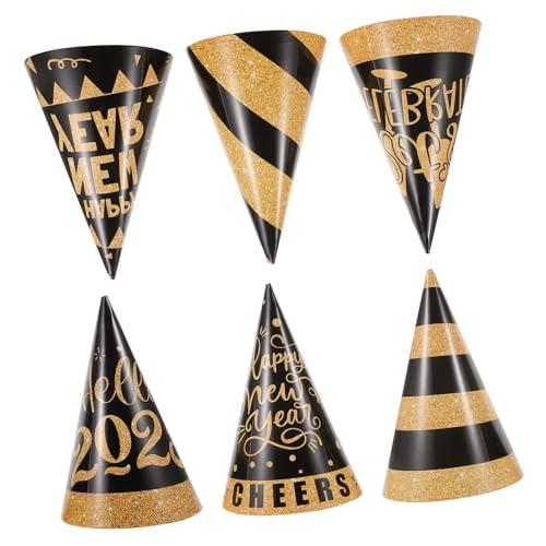 POPETPOP 6 Stück Teiliges Neujahrs Partyset Schwarz Goldene Papierhüte mit Elastischem Band Verstellbar für Erwachsene und Einfache Montage für Silvester Geburtstage und Karneval von POPETPOP