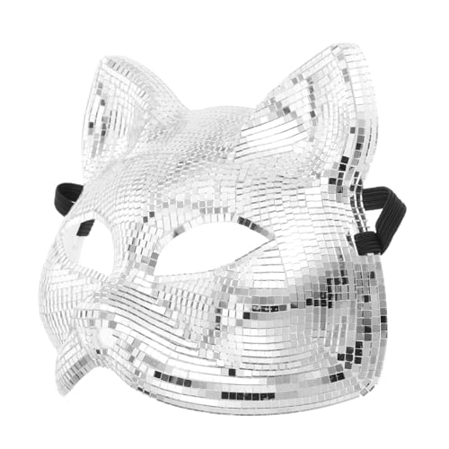 POPETPOP Disco-Katze-Gesichtsmaske Katzenfrauenmaske Disco-Halloween Strass Maskerade Maske Gesichtsmaske für Silvester Reflektierende Maske Porzellanmaske Plastik Silver von POPETPOP