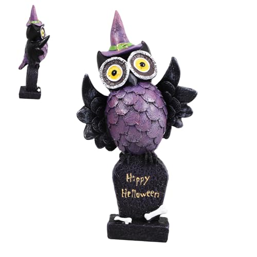 POPETPOP Gothische Halloween Eulenfigur aus Harz Stabilem Sockel Detailreiche Grabstein Dekoration für Tisch Büro Wohnzimmer und Natürliche Raumgestaltung Herbstliches von POPETPOP