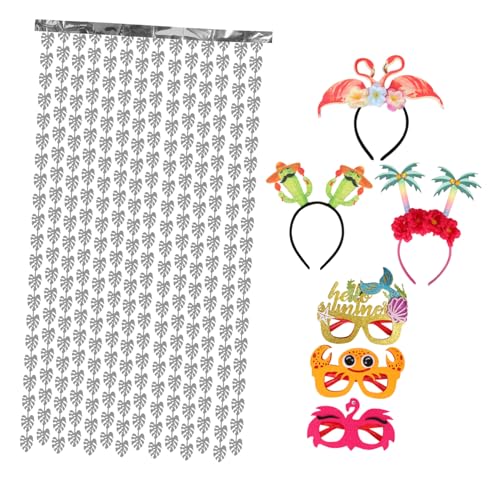 POPETPOP Hawaii Party Set mit Cartoon Haarreif und Brille Bunte Luau Fotokulisse mit Tassel Vorhang Lustige Partybrille und Haarband Tropische Deko für und Fotoaktion von POPETPOP