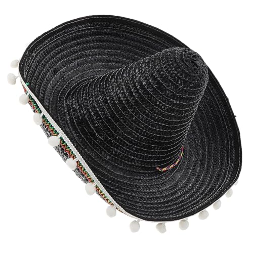 POPETPOP Sombrero Strohhut mit Verstellbarem Kinnriemen Pompon Mexikanischer Sommerhut Hawaii Stil für Party Strand Kostüm Damen Zubehör Schwarz von POPETPOP