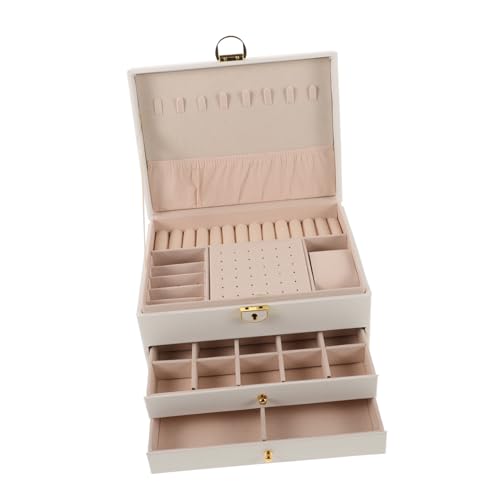POPETPOP Vintage Schmuckkästchen aus PU Dreistufiger Schmuckorganizer mit Schloss Aufbewahrungsbox für Ringe Ohrringe Halsketten und Armbänder Weiß als Schmuckschatulle für Mädchen und POPETPOP Vintage Schmuckkästchen aus PU Dreistufiger Schmuckorganizer mit Schloss Aufbewahrungsbox für Ringe Ohrringe Halsketten und Armbänder Weiß als Schmuckschatulle für Mädchen und von POPETPOP