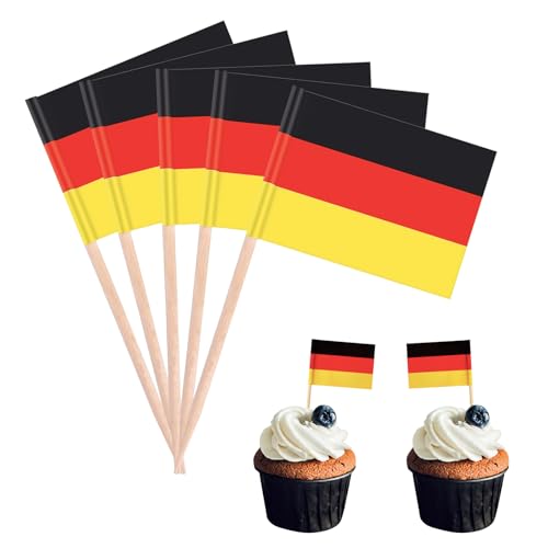 POPOYU 100 Stück Deutschland Zahnstocher Flaggen,Deutschland Flagge Fahne Klein Cocktail Tischdeko für Deutschland Deko Em 2024,Euro,Eurovision Contest,Olympische Cupcake-Topper,Zahnstocher,Pub-deko von POPOYU