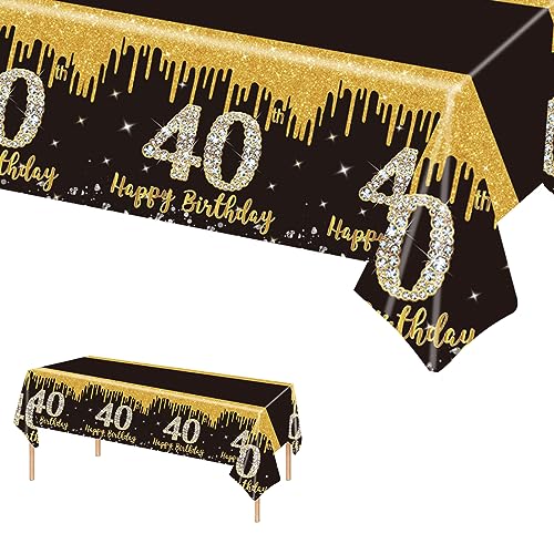 137 x 274 cm Schwarz und Gold zum Geburtstag Tischdecke Schwarz Gold Tischdeko für Mann Frau 40. Geburtstag,Rechteckige Kunststoff Einweg-Tischdecke für Partydekorationen zum 40. Geburtstag von POPOYU