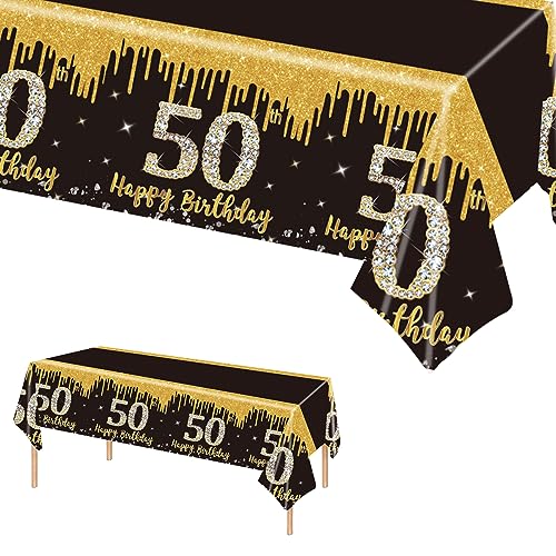 137 x 274 cm Schwarz und Gold zum Geburtstag Tischdecke Schwarz Gold Tischdeko für Mann Frau 50. Geburtstag,Rechteckige Kunststoff Tischdecke für Partydekorationen zum 50. Geburtstag von POPOYU