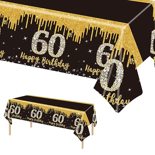 137 x 274 cm Schwarz und Gold zum Geburtstag Tischdecke Schwarz Gold Tischdeko für Mann Frau 60. Geburtstag,Rechteckige Kunststoff Einweg-Tischdecke für Partydekorationen zum 60. Geburtstag von POPOYU