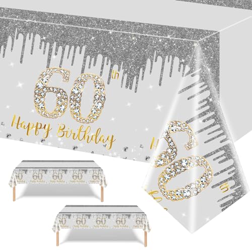 137 x 274 cm Silber und Gold zum Geburtstag Tischdecke,2 Stück Silber Gold Tischdeko für Mann Frau 60. Geburtstag,Rechteckige Kunststoff Tischdecke für Partydekorationen zum 60. Geburtstag von POPOYU