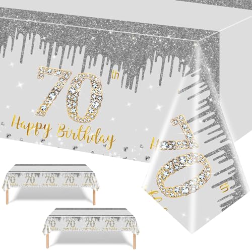 137 x 274 cm Silber und Gold zum Geburtstag Tischdecke,2 Stück Silber Gold Tischdeko für Mann Frau 70. Geburtstag,Rechteckige Kunststoff Tischdecke für Partydekorationen zum 70. Geburtstag von POPOYU