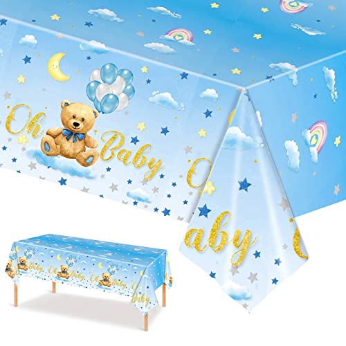 137 x 274cm Blau Teddybär Tischdecke für Baby Jungen Kunststoff Rechteckige Tischdecke,Tischdecke Gender Reveal Tischdecke für Babyparty Jungen Blaubär Thema Geburtstag Party Dekoration von POPOYU