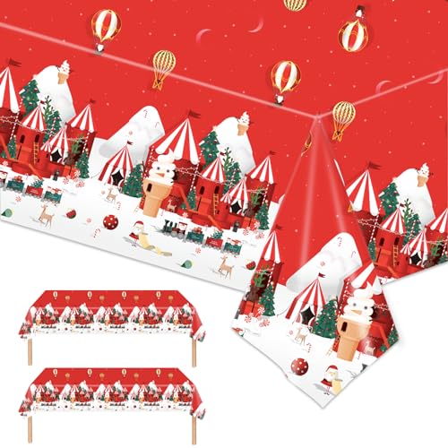 POPOYU 2 Stück Weihnachtstischdecke,Rot Einweg Tischdecke Weihnachten,Groß Rechteckige Weihnachtsmann Schneemann Tischhussen Esstischdecke für Weihnachts Party Tischdecke Tischtuch(137x274cm) von POPOYU