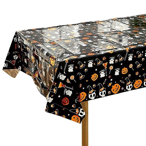 137x274 cm Halloween Dekoration Tischdecke Halloween-Kürbisschädel Tischdecke Rechteckige wasserdichte Halloween Tischdecke Schwarz Halloween Foil Tablecloth für Drinnen Draußen Halloween Party Deko von POPOYU