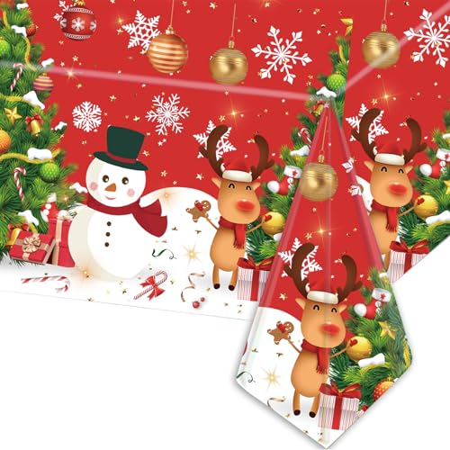 POPOYU Weihnachtstischdecke,Rot Einweg Tischdecke Weihnachten,Groß Rechteckige Weihnachtsmann Schneemann Weihnachten Tischhussen Esstischdecke für Weihnachts Party Tischdecke Tischtuch(137x274cm) von POPOYU