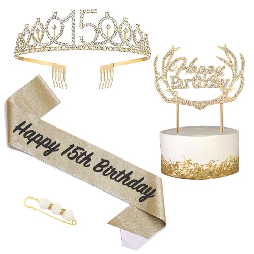 16 Geburtstag Krone und Schärpe Gold,Krone 16.Geburtstag,16. Geburtstag Schärpe und Tiara Kristall Kuchenaufsätze Kit,Krone 16 Geburtstag Mädchen für Geburtstag Geschenk Partyzubehör Dekor von POPOYU