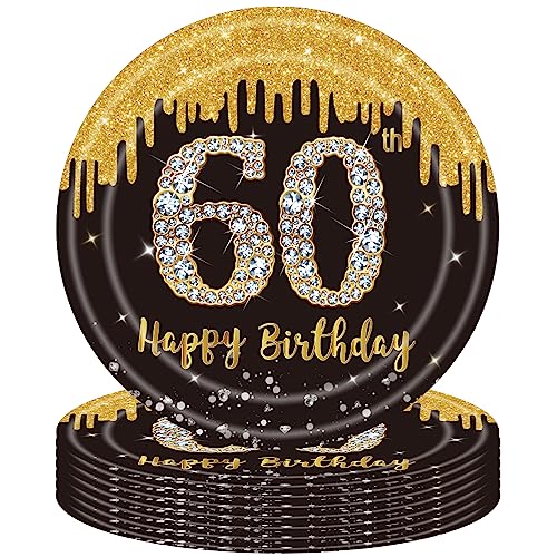 16 Stück 60. Geburtstag Pappteller Schwarz Gold,9 Zoll 23cm Happy 60th Birthday Schwarz-goldene Pappteller Einweg Deko 60. Geburtstag Partygeschirr für Männer Frauen 60. Geburtstag Party Dekoration von POPOYU